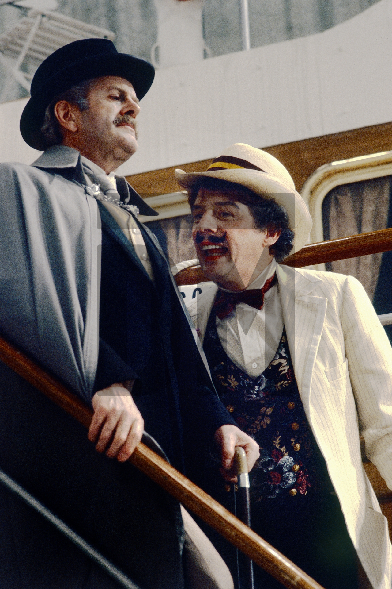Aschenbach [Robert Gard] on the boat to Venice, encounters the Elderly Fop [John Shirley-Quirk]. Elstree Studios, 14 June 1981 by Daniel Meadows