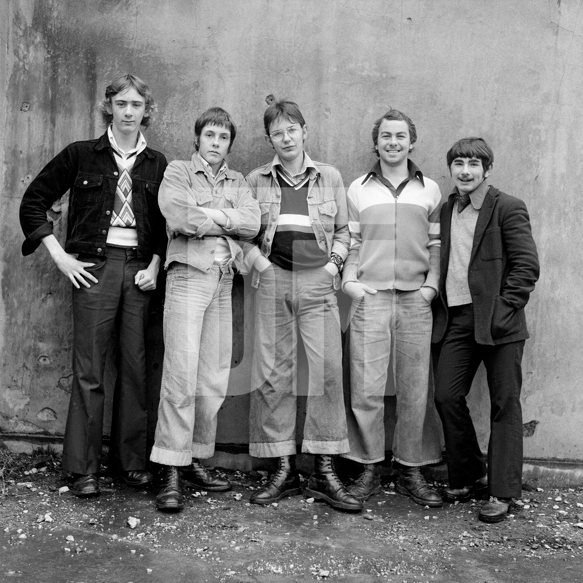 'Bootboys': left-to-right Brian Morgan, Martin Tebay, Paul McMillan, Phil Tickle, Mike Comish, Barrow-in-Furness, Cumbria. November 1974 by Daniel Meadows