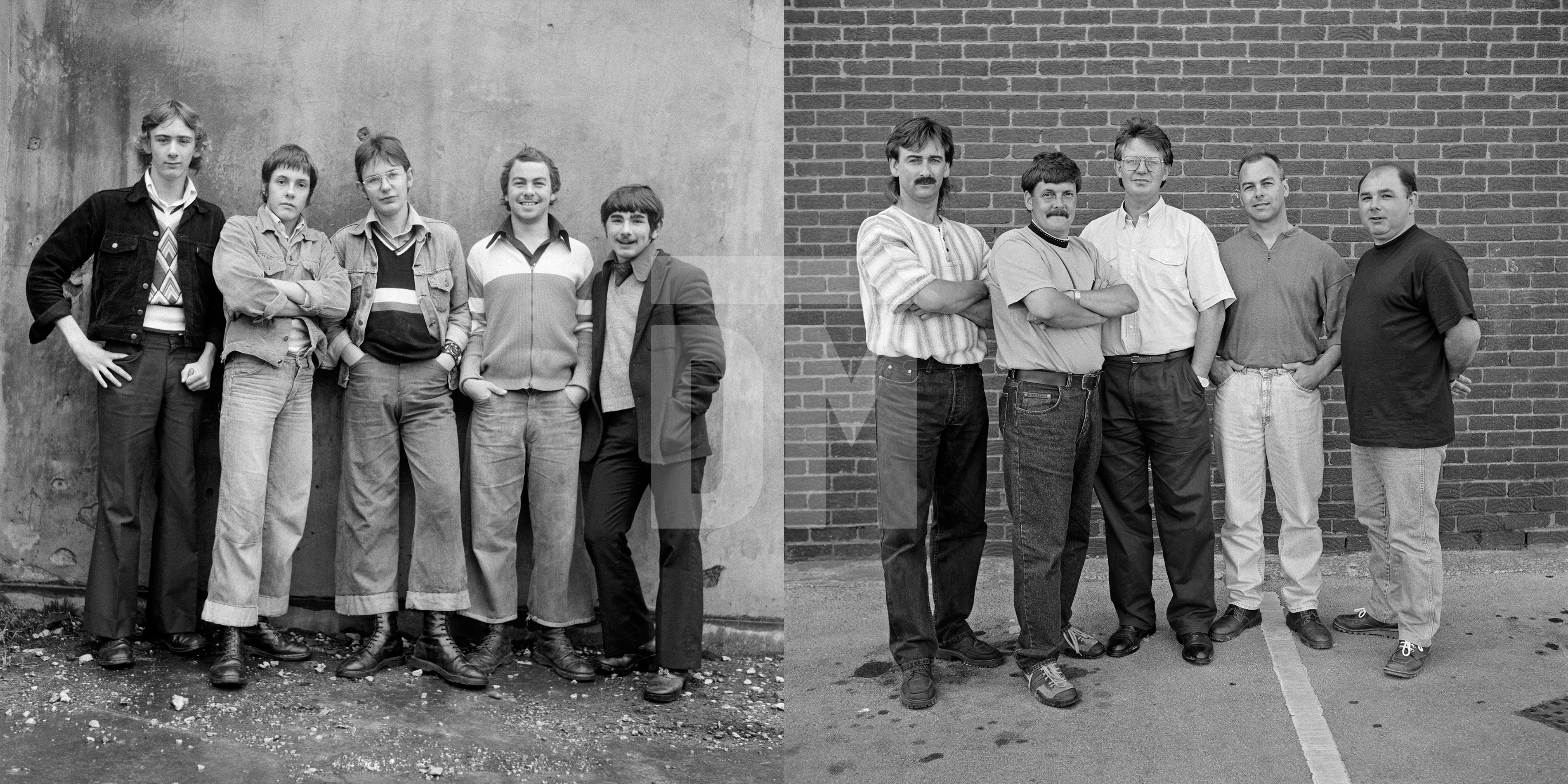 ‘Bootboys’: left-to-right Brian Morgan, Martin Tebay, Paul McMillan, Phil Tickle, Mike Comish. Barrow-in-Furness, Cumbria. 1974 and 1995 by Daniel Meadows