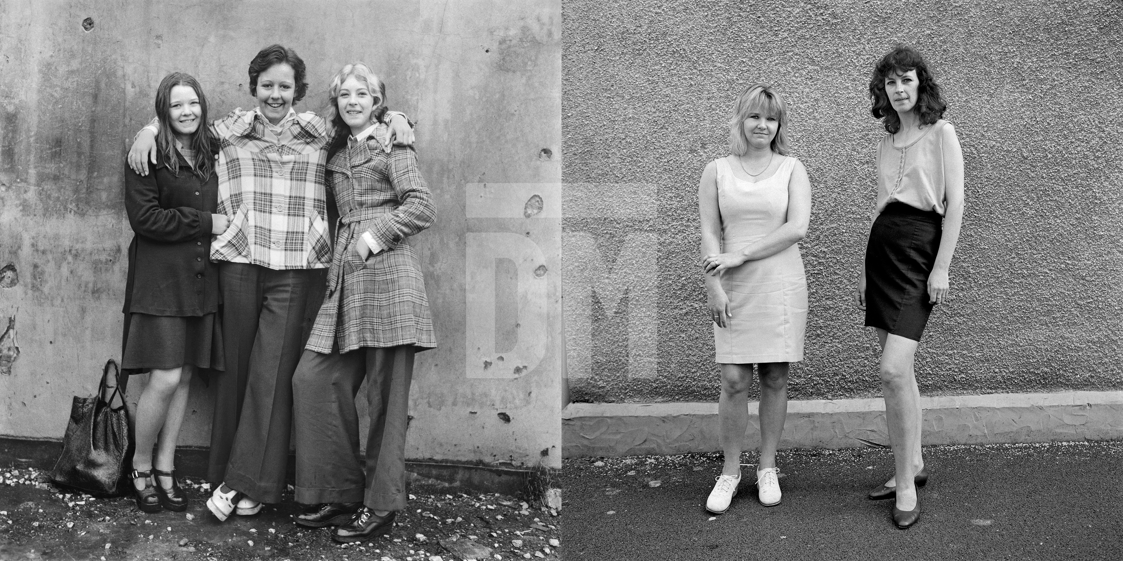 Friends: left-to-right Angela Hendley, Dot Rooney, Kim Hillman. Barrow-in-Furness, Cumbria. 1974 and 1995 by Daniel Meadows