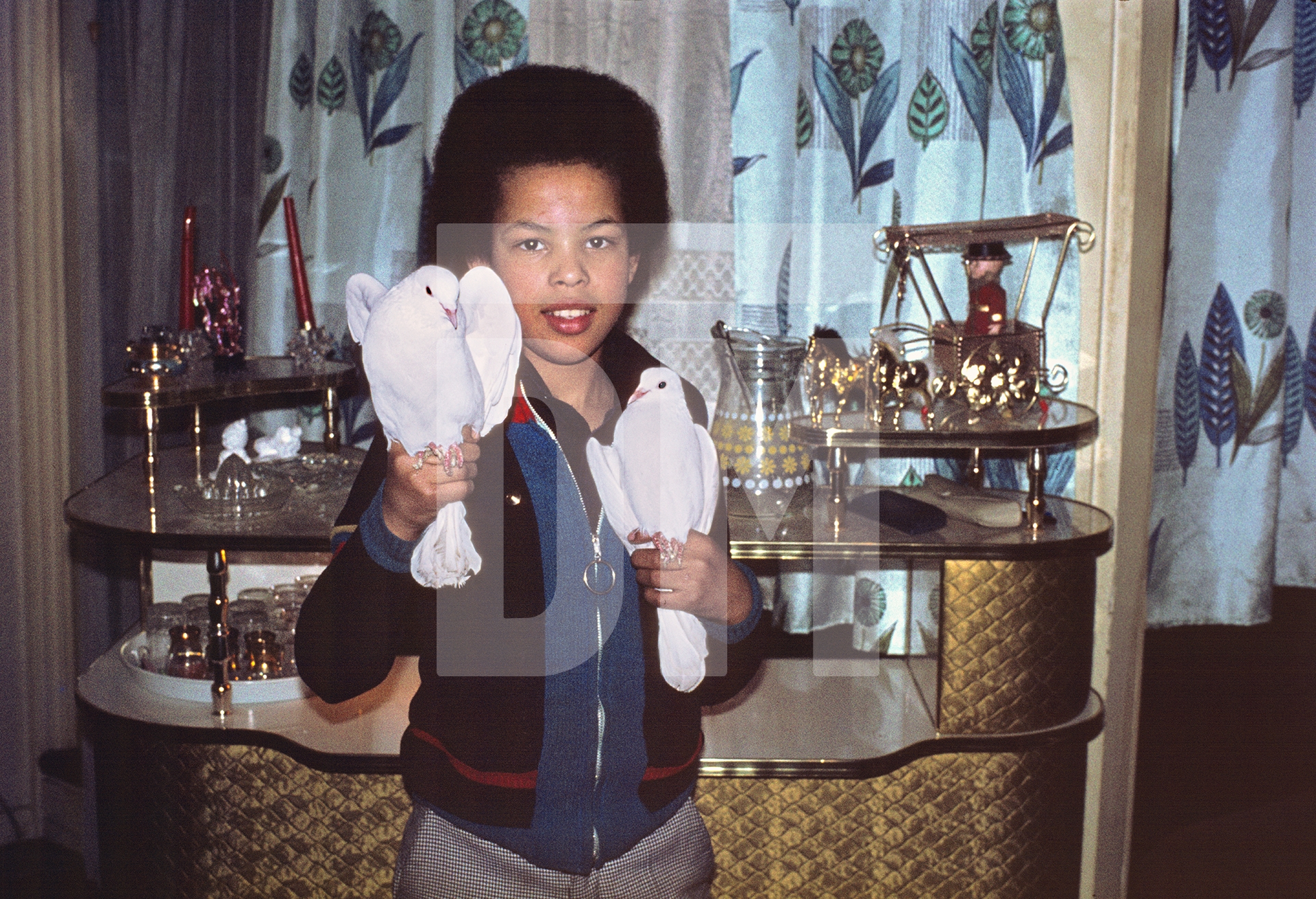 Mrs Emare’s son with doves and bar, Hulme, Manchester. February 1974 by Daniel Meadows