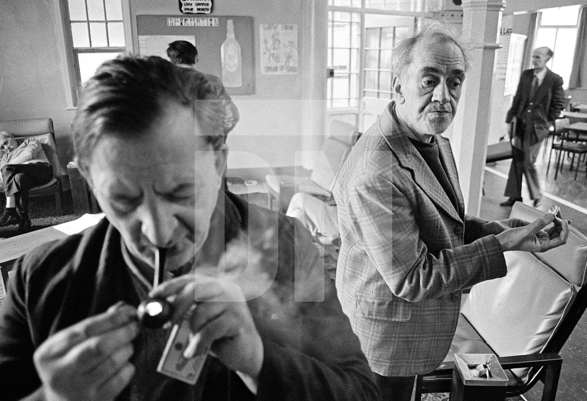 In the day room, left-to right: Roy Jagger, aged 49 formerly a labourer; Stanley Massey aged 57 formerly a mechanic; and Derek Croley, aged 52 formerly a bus driver. February 1978 by Daniel Meadows
