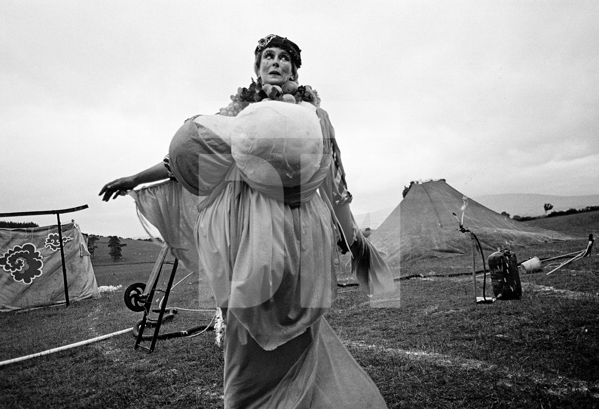 Performer Maggy Howarth as Sally Ocean in “Uppendown Mooney” written by Adrian Mitchell. Hilltop Farm, Wennington, Lancashire. July 1978 by Daniel Meadows