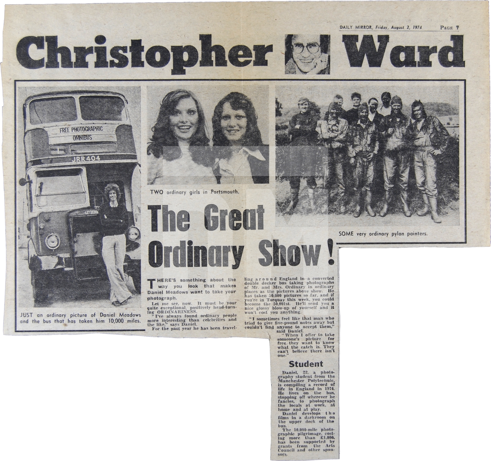 Daily Mirror article about Daniel Meadows and the Free Photographic Omnibus. 2 August 1974 by Daniel Meadows