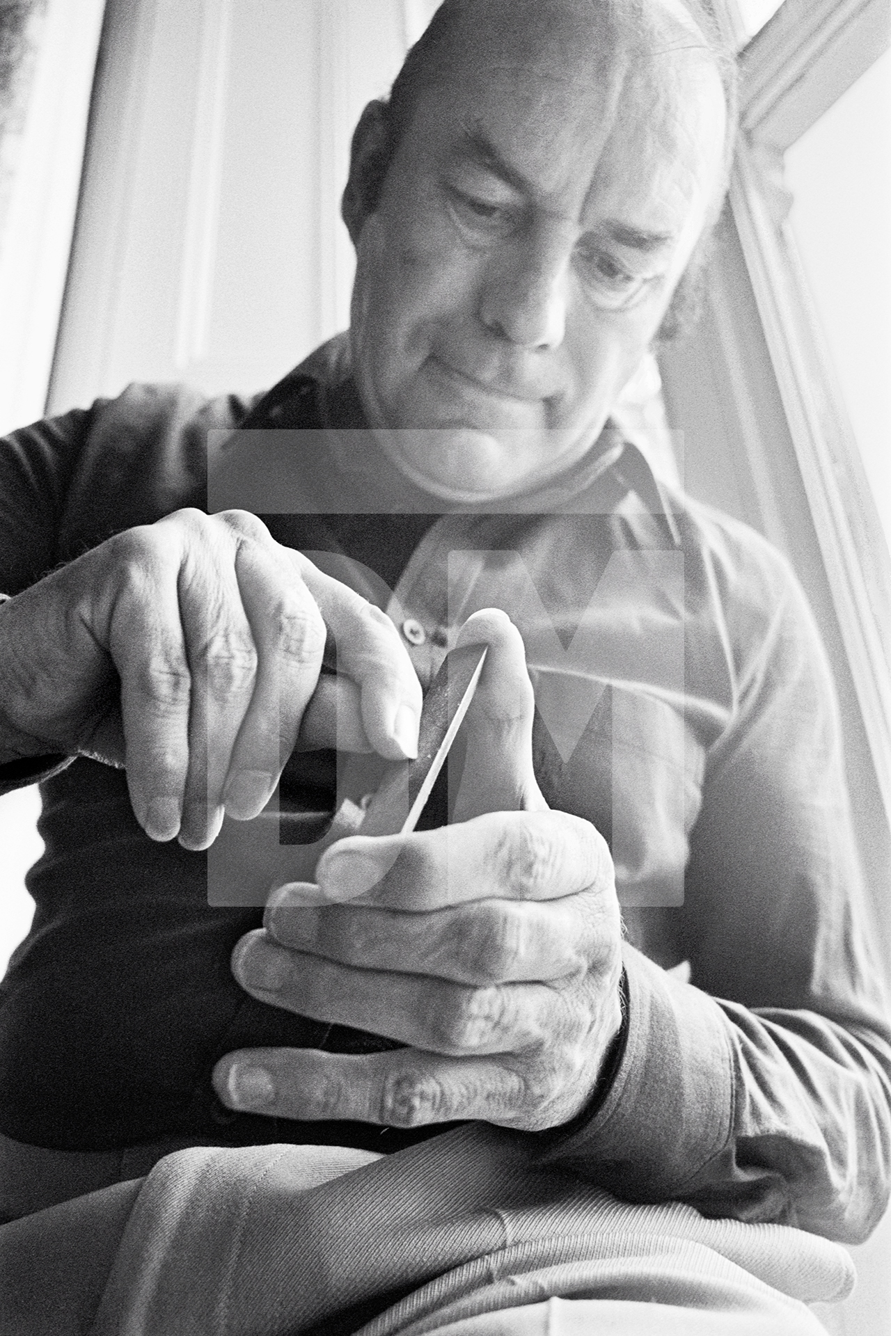 Julian Bream burnishing his finger nails by Daniel Meadows