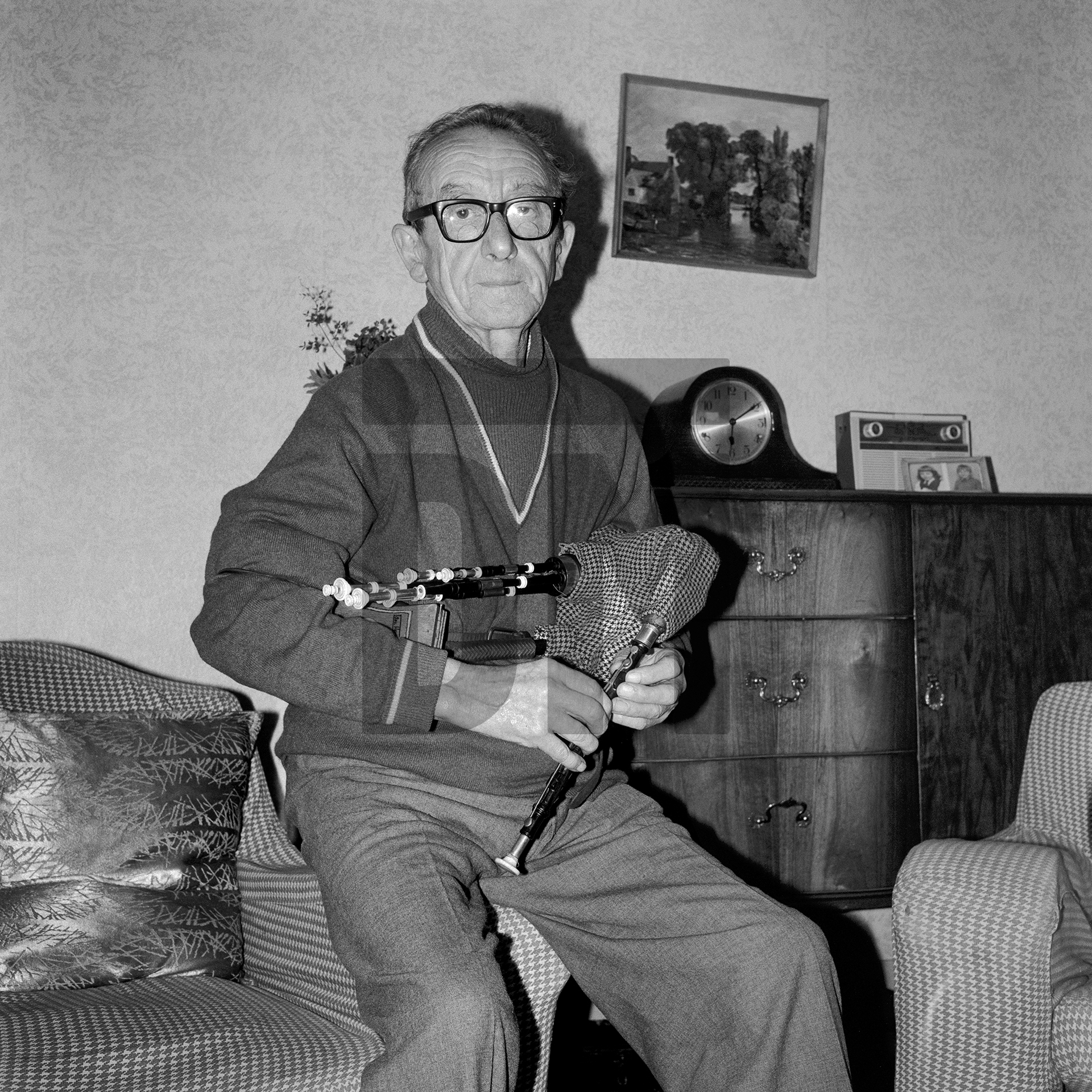George Hepple, Northumbrian pipes player, Haltwhistle, Cumbria. September 1974 by Daniel Meadows