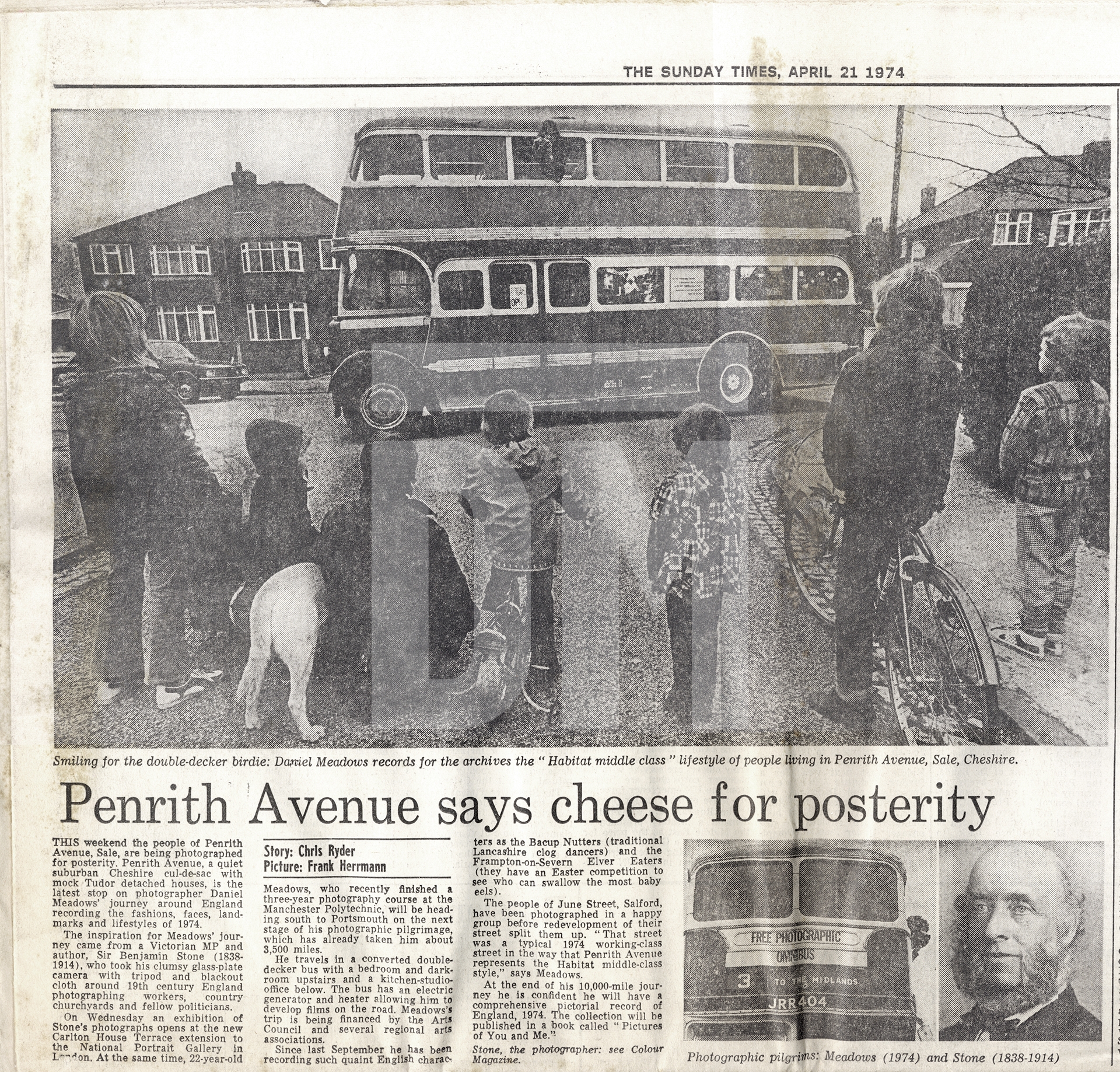 Sunday Times article about Daniel Meadows and the Free Photographic Omnibus. Penrith Avenue, Sale, Cheshire. 21 April 1974 by Daniel Meadows