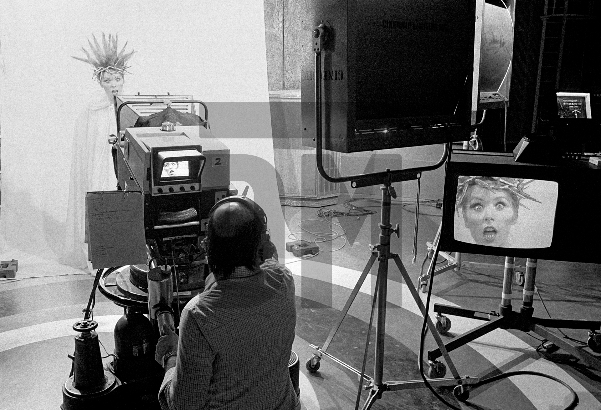 ‘What’s On’ presenter Margox (Margi Clarke) in the studio, Granada TV, Quay Street, Manchester. March 1979 by Daniel Meadows