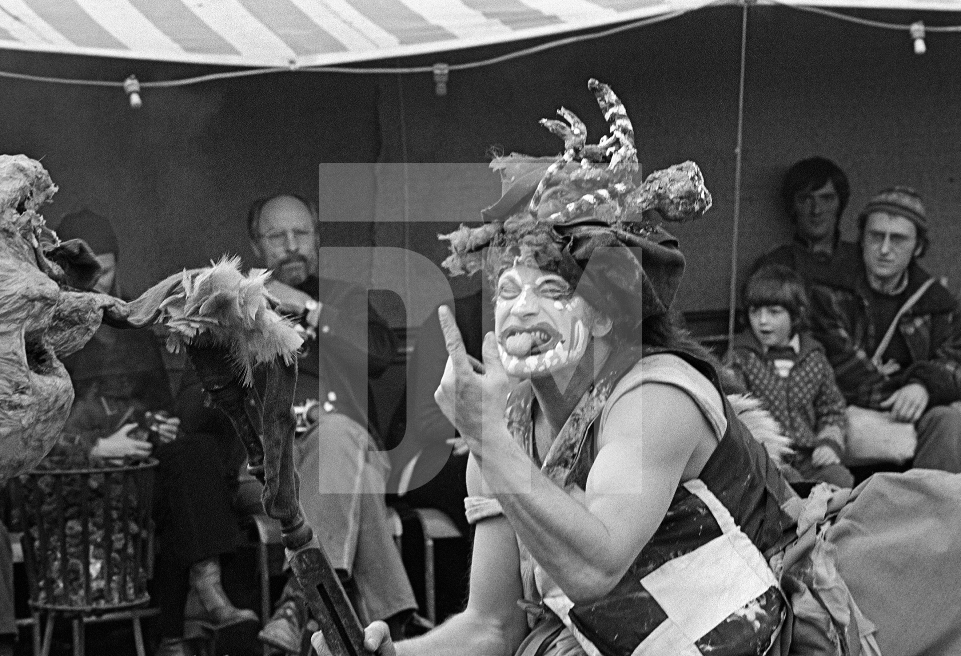 Performer John Fox, “The Loves, Lives and Murders of Lancelot Barabbas Quail”, Burnley, Lancashire. 8 October 1977 by Daniel Meadows
