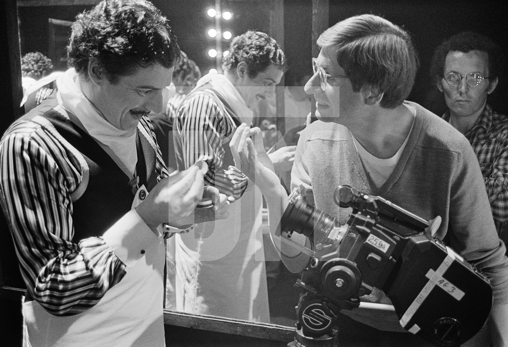John Shirley-Quirk (left), takes direction from Tony Palmer for his role as The Barber. Elstree Studios, 5 June 1981 by Daniel Meadows