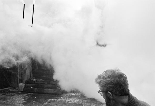 Stanley Graham, mill engineer, blowing down the boiler. April 1977