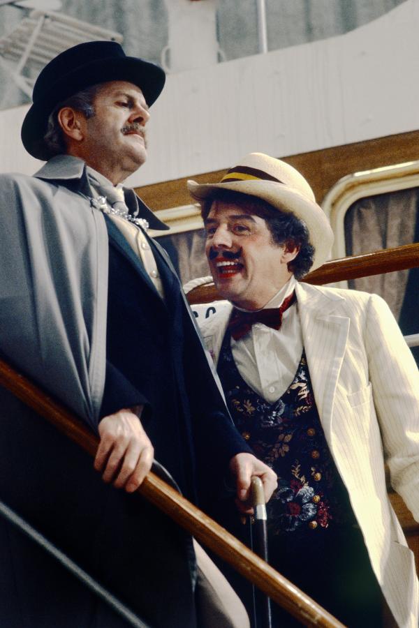 Aschenbach [Robert Gard] on the boat to Venice, encounters the Elderly Fop [John Shirley-Quirk]. Elstree Studios, 14 June 1981