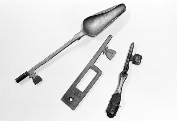 The hospital keeps a small museum of objects to assist in staff training. These ‘escape’ keys, fashioned by patients in the days of locked wards, demonstrate that having a psychiatric condition does not necessarily impact intelligence. February 1978