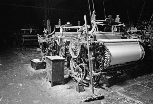 In the weaving shed, loom after dark. Silent, Sunday evening. September 1976