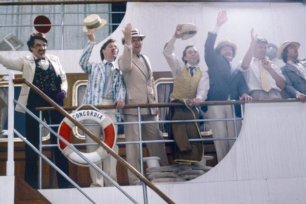 Lively revellers on the boat to Venice. Elstree Studios, 14 June 1981