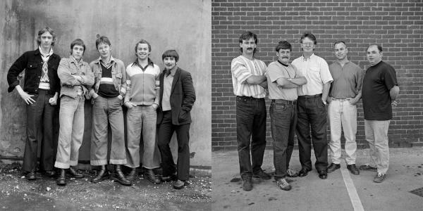 ‘Bootboys’: left-to-right Brian Morgan, Martin Tebay, Paul McMillan, Phil Tickle, Mike Comish. Barrow-in-Furness, Cumbria. 1974 and 1995