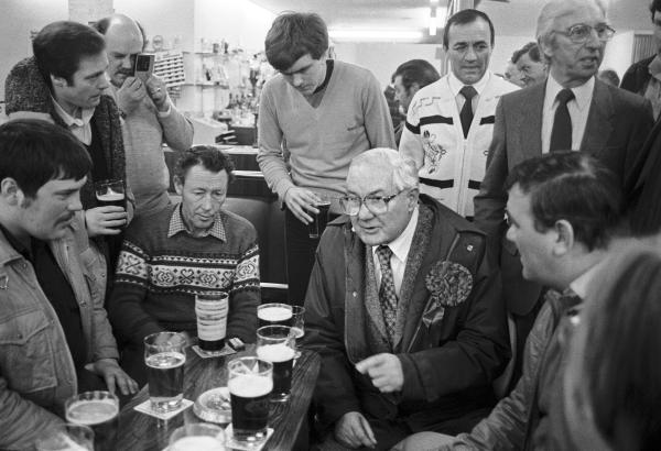 Former Prime Minister Jim Callaghan talking with drinkers in the bar of Labour Club following a demonstration against the closure of Shildon Wagon Works, Darlington. March 1983