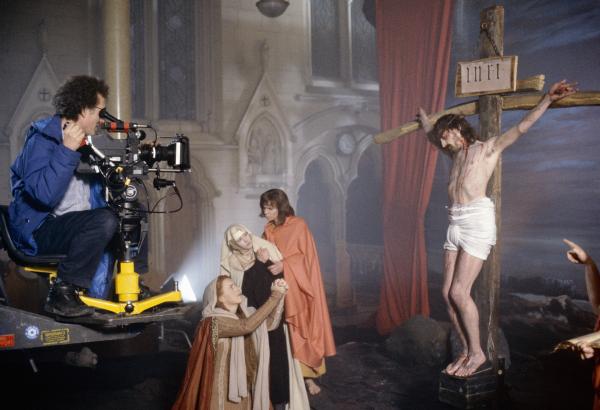 Hindemith, camera crew filming re-enactment of The Crucifixion