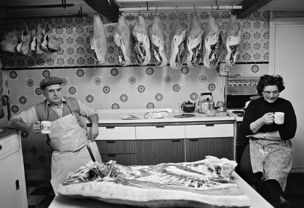 Bacon rolling. Cyril and Elsie Richardson enjoy a coffee break. North Yorkshire 1976