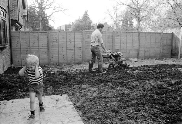 Rotavating the garden, Shortlands, Kent. April 1985