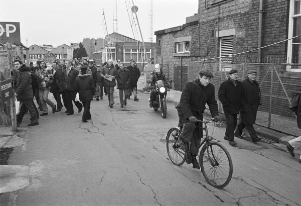 Shildon Wagon Works, workers going home, Co. Durham. February 1983