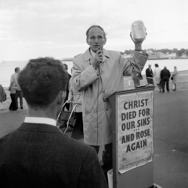 Beach preacher, Weymouth,Dorset. July 1974