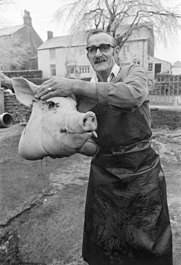 Butcher’s assistant Jim Woodhouse with the pig’s head. North Yorkshire 1976