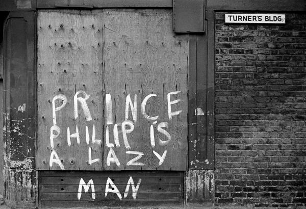 ‘Prince Phillip is a Lazy Man’, graffiti on derelict house, Salford. July 1978