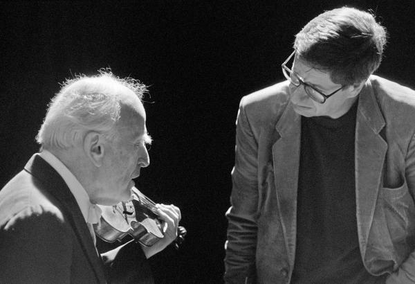 Yehudi Menuhin and director Tony Palmer. London. February 1989
