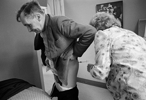 Medication makes the Clayton Ward project possible. Here a patient receives his Modecate (tranquilizer) injection. Largactil (taken orally) is also prescribed. February 1978