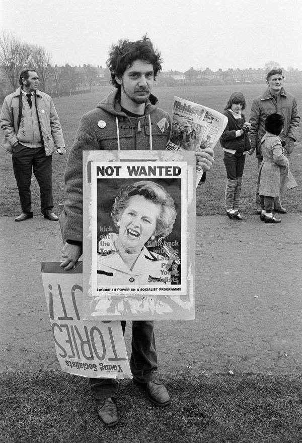 Militant (newspaper) seller at demonstration against the closure of Shildon Wagon Works, Darlington. 12 March 1983