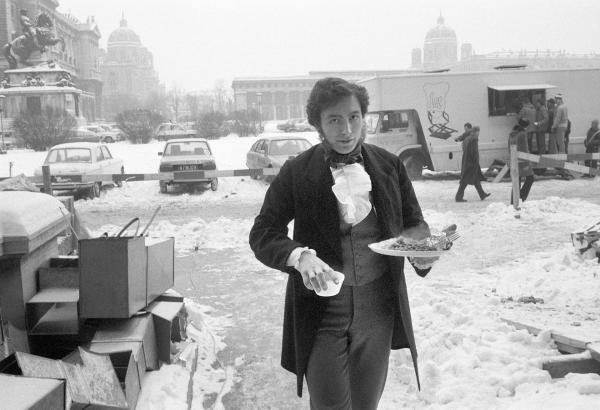 Meal time for cast and crew on the set of 'Wagner'. Vienna 1982