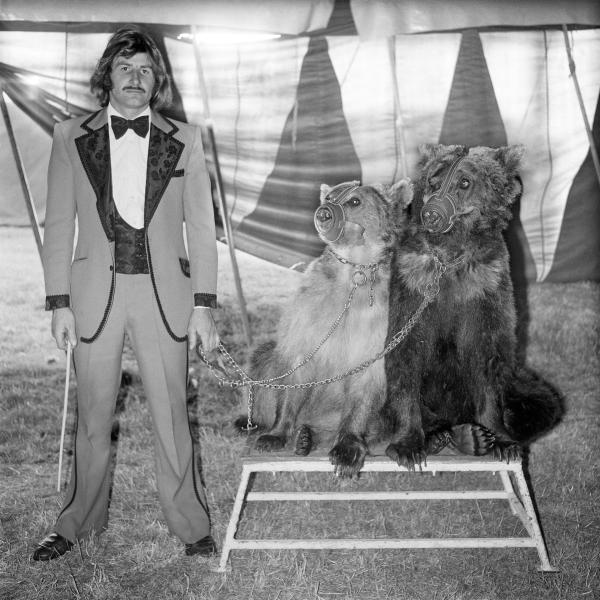 Peter Hoffman of Circus Hoffman, with bears, Weymouth, Dorset. July 1974