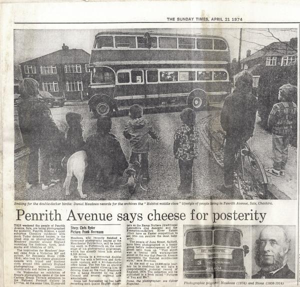 Sunday Times article about Daniel Meadows and the Free Photographic Omnibus. Penrith Avenue, Sale, Cheshire. 21 April 1974