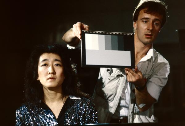 Mitsuko Uchida, with camera assistant, on the set of 'Mozart in Japan'. September 1986