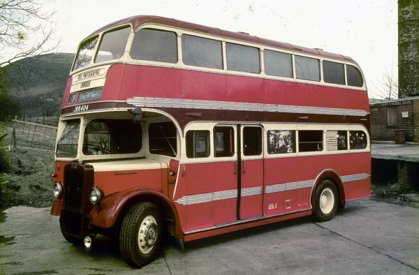 Nearside view of JRR 404, 1948 Leyland Titan PD1 with coachwork by Duple. Commissioned and run by Barton Transport of Chilwell, Nottingham and taken out of service in 1973. Pictured here in 1974 having completed 10,000 miles after being repurposed by Daniel Meadows as his travelling home, gallery and darkroom.