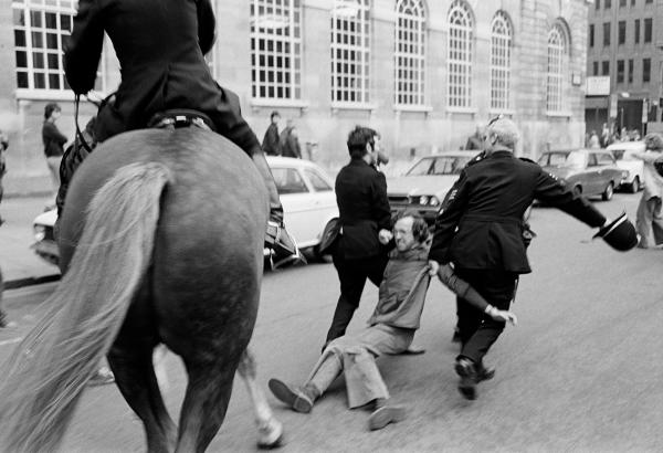 Anti Nazi League (ANL) demonstration against a National Front (NF) meeting. A demonstrator is arrested, Leeds. April 1978