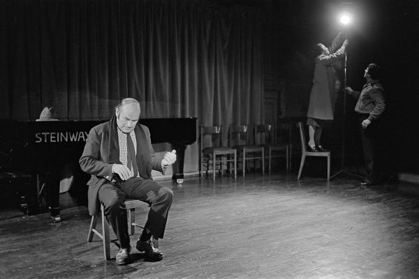 Julian Bream getting the lighting right on a stage where he will shortly perform, Padua, Italy. 12 March 1981