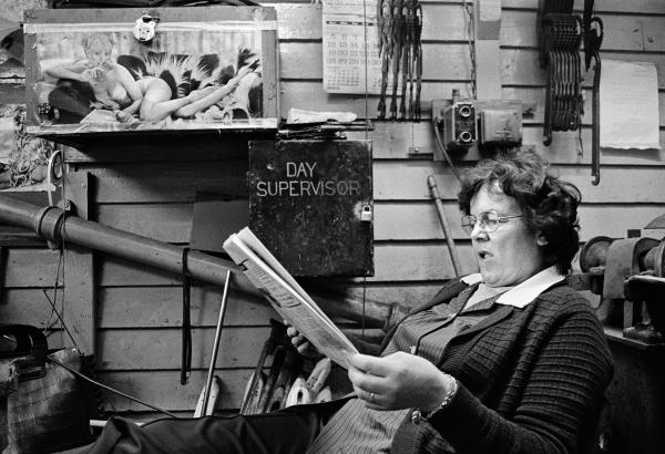 Millworker on lunch break, Mytholmroyd, West Yorkshire. January 1977