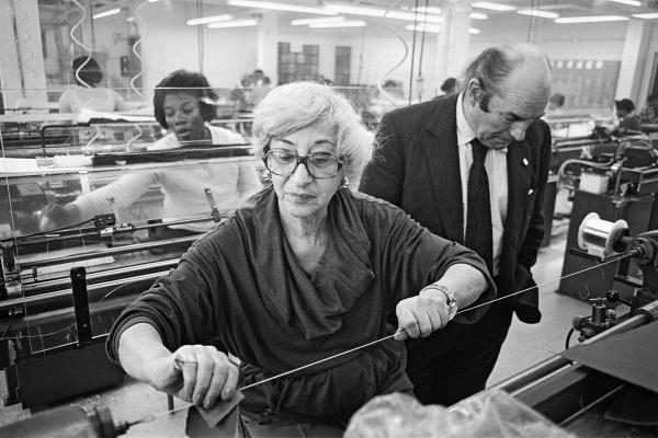 Julian Bream with Rose Augustine, guitar string maker, New York. November 1981