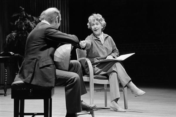 Julian Bream on stage with Dame Peggy Ashcroft, Snape Maltings Concert Hall, Suffolk. June 1981
