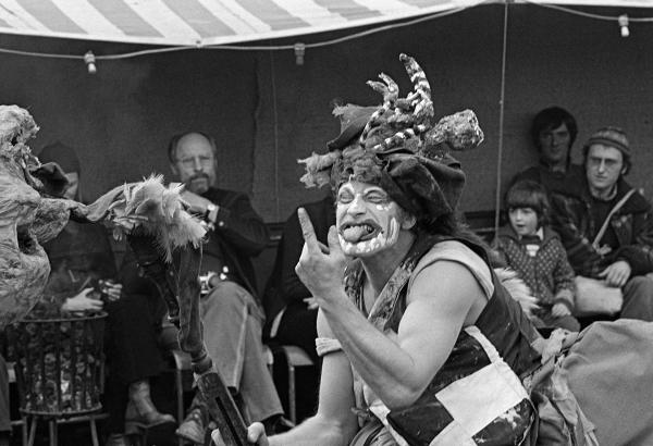 Performer John Fox, “The Loves, Lives and Murders of Lancelot Barabbas Quail”, Burnley, Lancashire. 8 October 1977