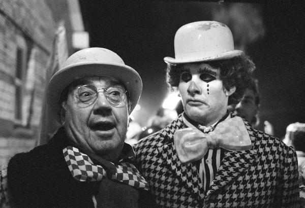 Comedians Frank Carson and Chris Barry at the Night Carnival Of The Dead. Location: Lakeside and Haverthwaite Railway, Windermere. February 1987