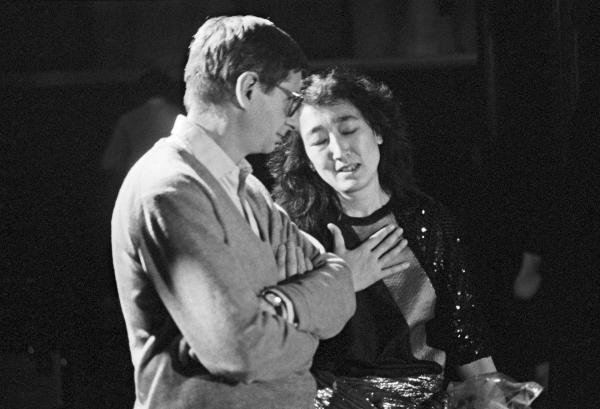 Mitsuko Uchida with Tony Palmer on the set of 'Mozart in Japan', London. September 1986