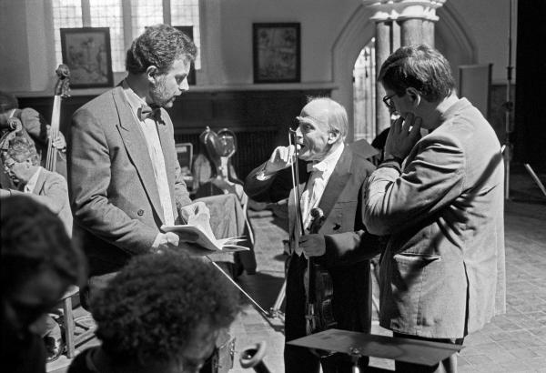 On the set of ’Menuhin - A Family Portrait,' with Tony Palmer (right). London. February 1989